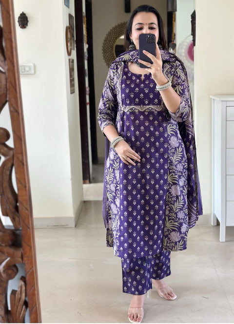 Designer Heavy Embroidered Kurti With Pant & Dupatta Set