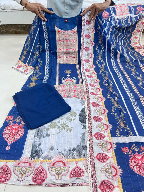 Cotton Floral Printed Blue Kurti Pant With Dupatta suit