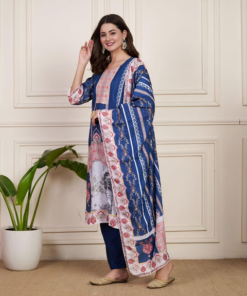 Cotton Floral Printed Blue Kurti Pant With Dupatta suit