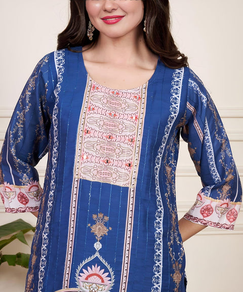 Cotton Floral Printed Blue Kurti Pant With Dupatta suit