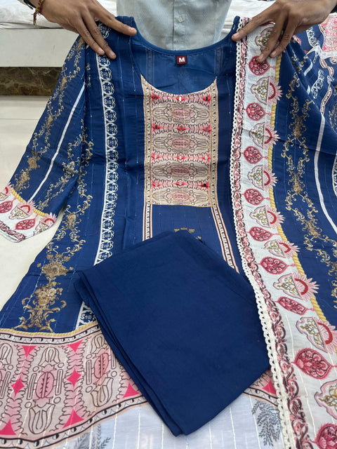 Cotton Floral Printed Blue Kurti Pant With Dupatta suit