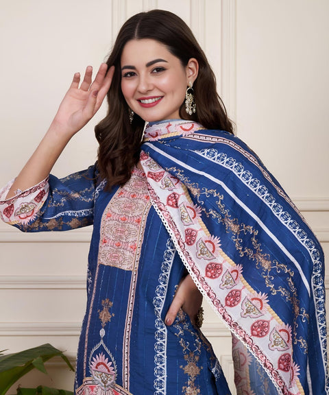 Cotton Floral Printed Blue Kurti Pant With Dupatta suit