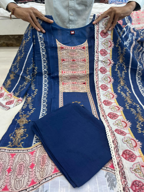 Cotton Floral Printed Blue Kurti Pant With Dupatta suit