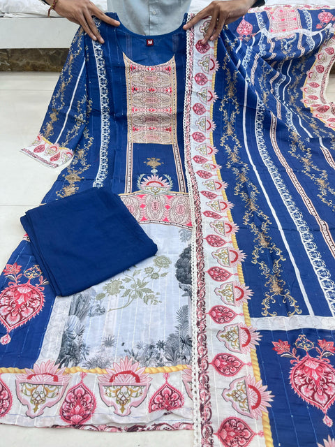 Cotton Floral Printed Blue Kurti Pant With Dupatta suit