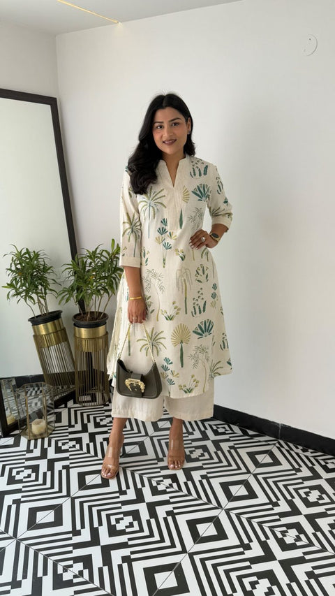 Beautiful v-neck less work kurti with pant