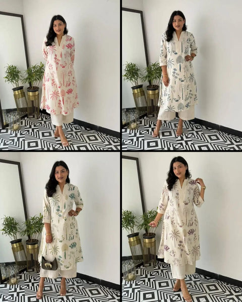 Beautiful v-neck less work kurti with pant