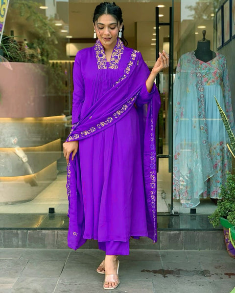 Embroidered Straight Kurta with Pants & Dupatta Set