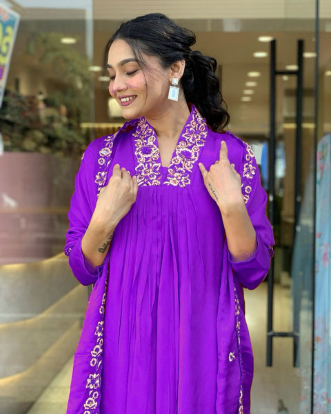 Embroidered Straight Kurta with Pants & Dupatta Set