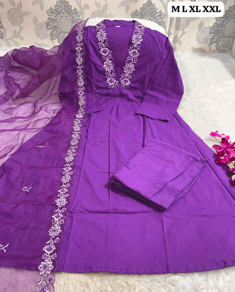 Embroidered Straight Kurta with Pants & Dupatta Set