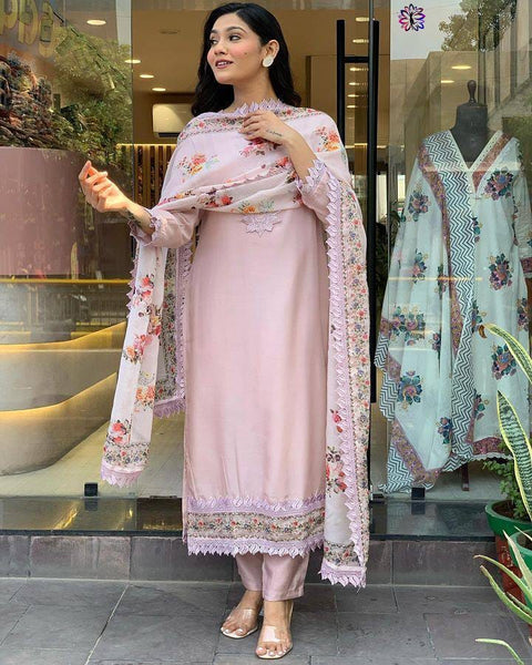 Printed Casual Wear Roman Silk Readymade Straight Suit