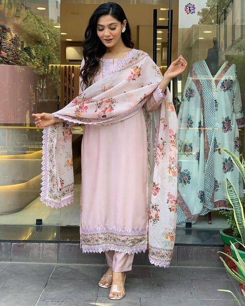Printed Casual Wear Roman Silk Readymade Straight Suit