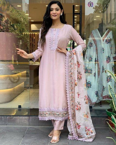 Printed Casual Wear Roman Silk Readymade Straight Suit