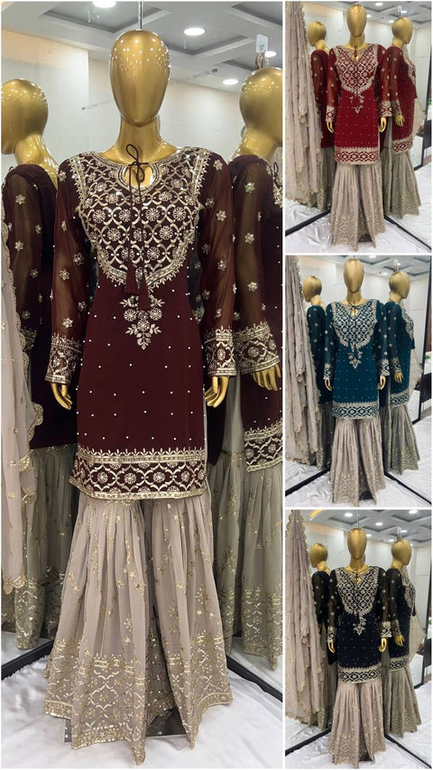 Georgette Embroidered Work Sharara Suit