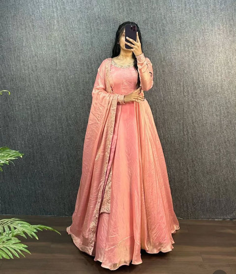 silk anarkali gown with organza dupatta