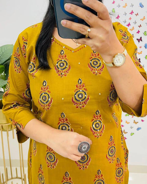Beautiful Mustard Embroidered Kurti  Pant With Dupatta