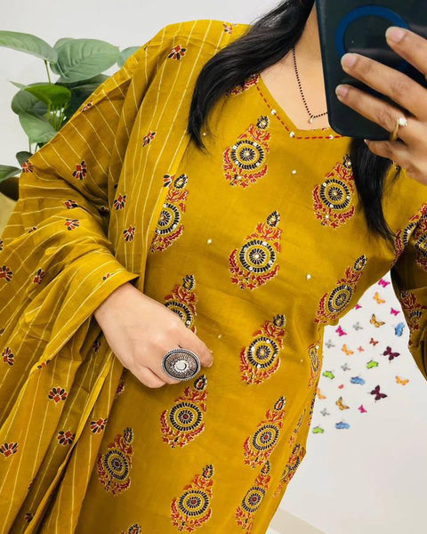 Beautiful Mustard Embroidered Kurti  Pant With Dupatta