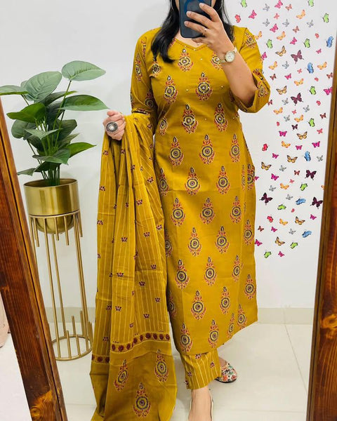 Beautiful Mustard Embroidered Kurti  Pant With Dupatta