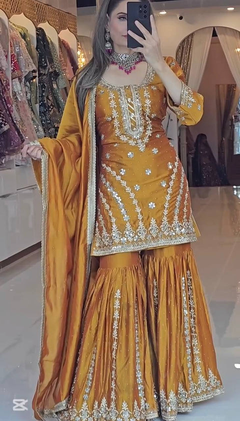 Kurti With Palazzo Dupatta in Embroidery With Sequence Work
