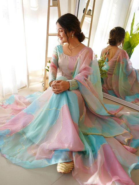 Chinon Febrics Beautiful Gown with Organza Dupptta