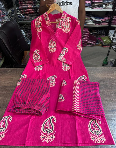 Beautiful pure cotton floral printed A line suit  with cotton pants and dupatta