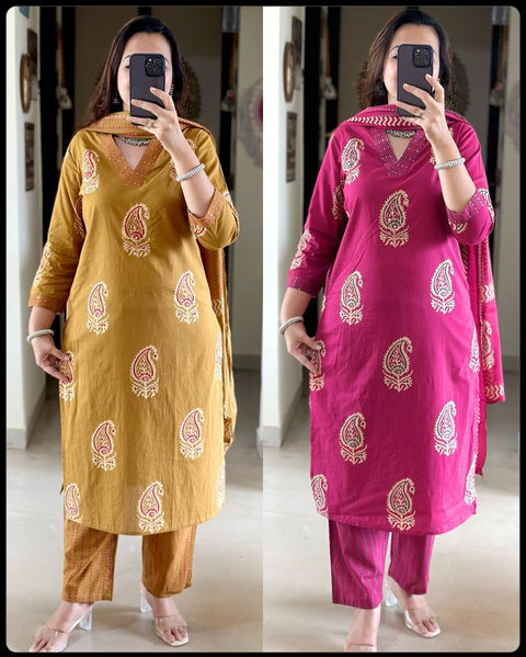 Beautiful pure cotton floral printed A line suit  with cotton pants and dupatta
