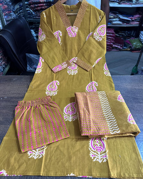 Beautiful pure cotton floral printed A line suit  with cotton pants and dupatta