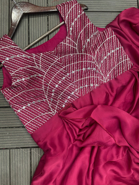 Wine Pre-Stitched Saree Suit With Sequin Embroidered Blouse