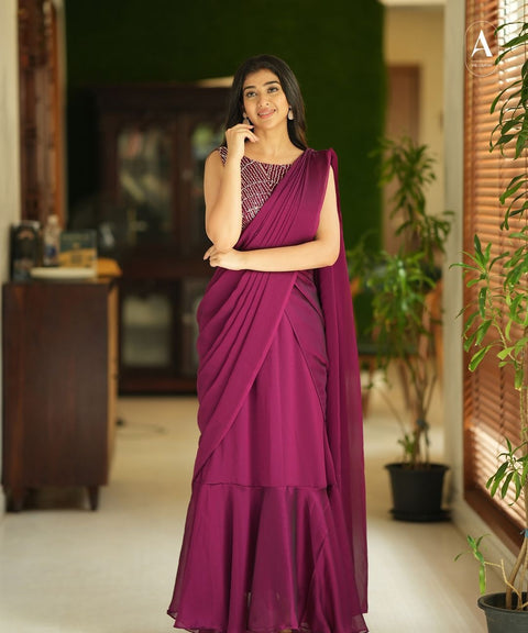 Wine Pre-Stitched Saree Suit With Sequin Embroidered Blouse