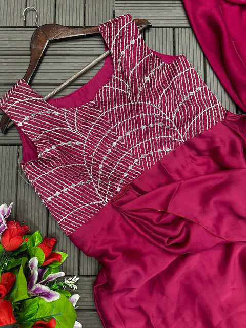 Wine Pre-Stitched Saree Suit With Sequin Embroidered Blouse