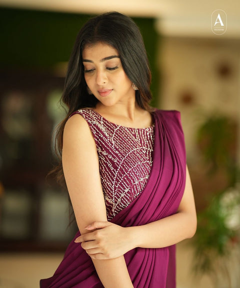 Wine Pre-Stitched Saree Suit With Sequin Embroidered Blouse