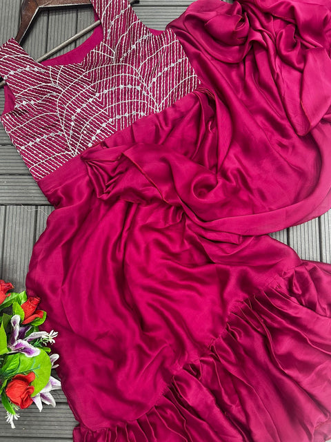 Wine Pre-Stitched Saree Suit With Sequin Embroidered Blouse