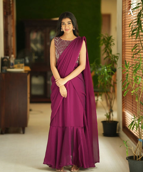 Wine Pre-Stitched Saree Suit With Sequin Embroidered Blouse