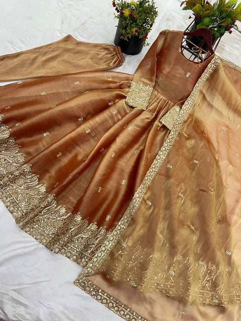 Red Royalty Luxury Chinon Silk Gown-Pant-Dupatta Trio