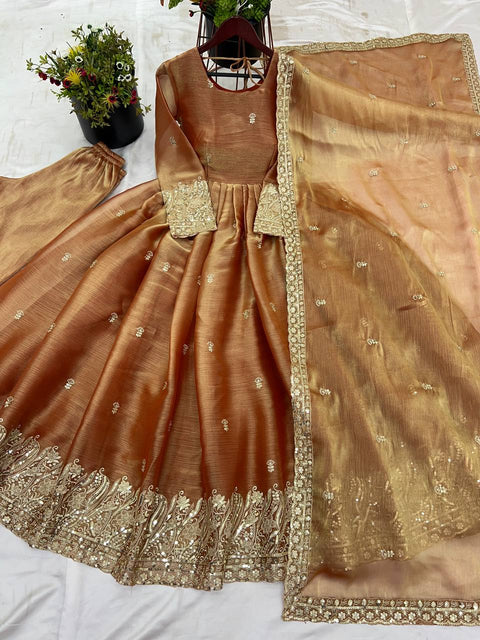 Red Royalty Luxury Chinon Silk Gown-Pant-Dupatta Trio
