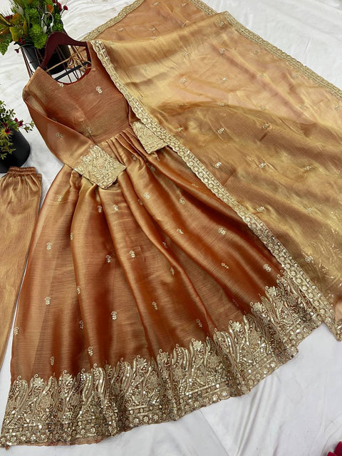 Red Royalty Luxury Chinon Silk Gown-Pant-Dupatta Trio