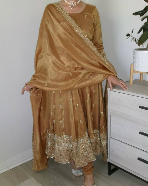 Red Royalty Luxury Chinon Silk Gown-Pant-Dupatta Trio