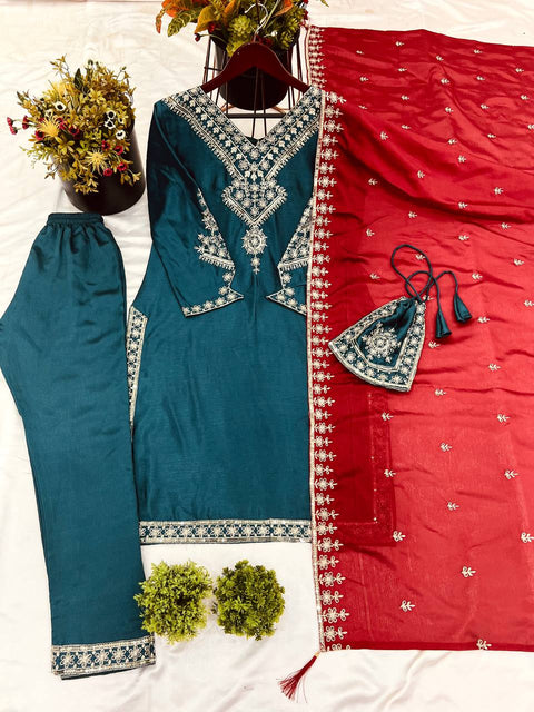 Vachitra Silk Fancy Embroidery Work Designer Kurti Pant Dupatta suit