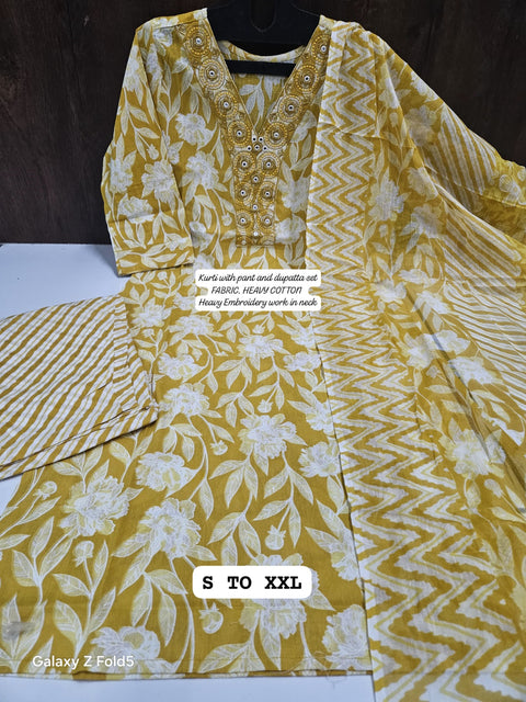 Pure Cotton Printed Hand Work Straight Kurti Pant with Dupatta suit