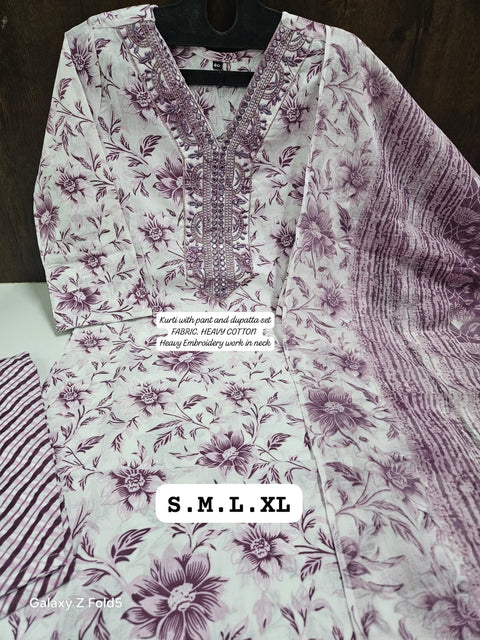 Pure Cotton Printed Hand Work Straight Kurti Pant with Dupatta suit