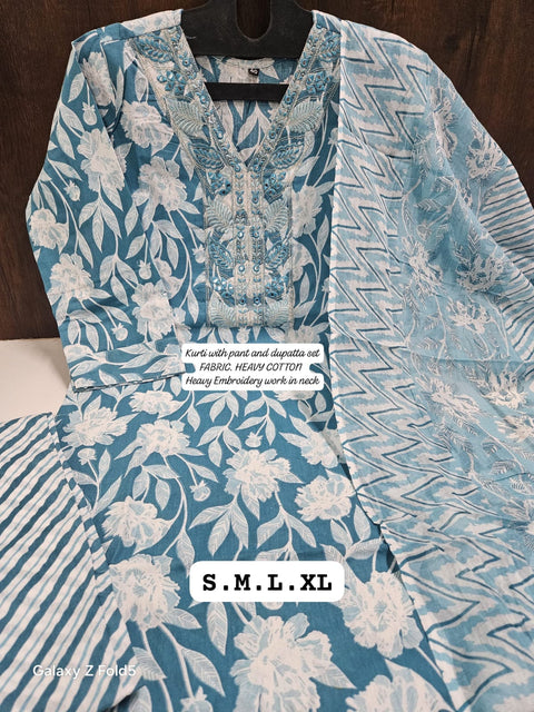 Pure Cotton Printed Hand Work Straight Kurti Pant with Dupatta suit