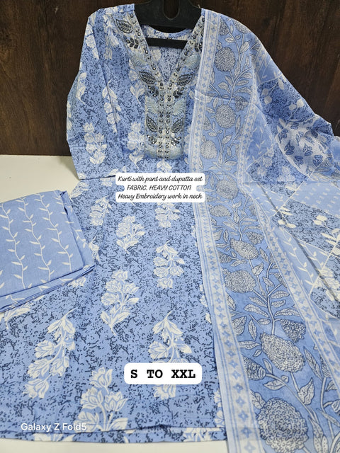 Pure Cotton Printed Hand Work Straight Kurti Pant with Dupatta suit
