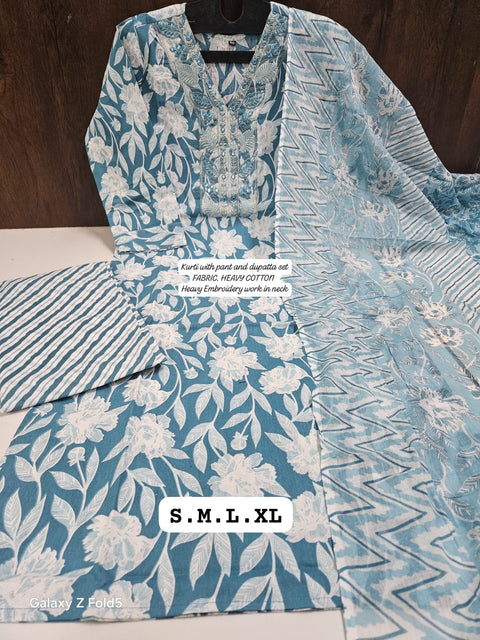 Pure Cotton Printed Hand Work Straight Kurti Pant with Dupatta suit