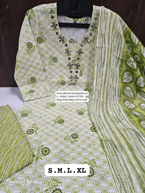 Pure Cotton Printed Hand Work Straight Kurti Pant with Dupatta suit