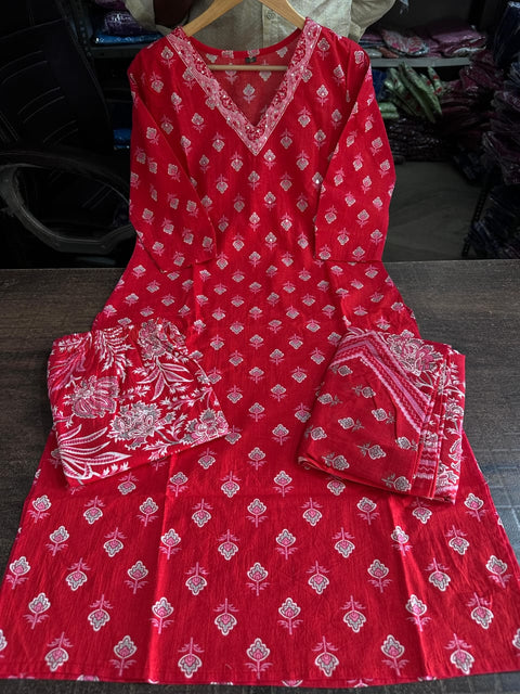 Jaipuri pure cotton kurti set with bottom and dupatta