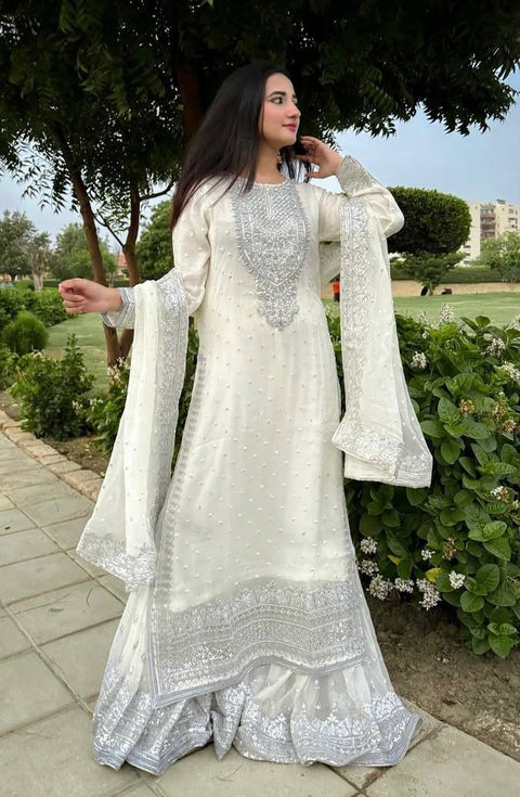 Luxury party wear with heavy embroidery and fully sticked gown suit and dupatta