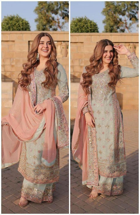 Pakistani Actress Salwar Kameez in Sky Georgette With Sequence Embroidery Work