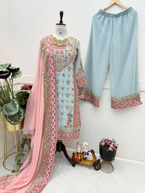 Pakistani Actress Salwar Kameez in Sky Georgette With Sequence Embroidery Work