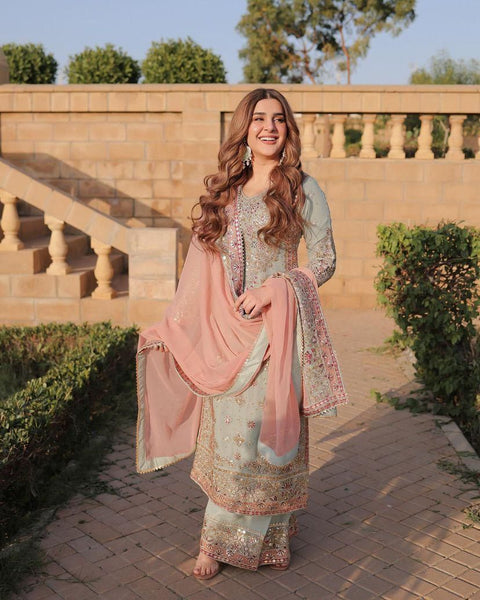 Pakistani Actress Salwar Kameez in Sky Georgette With Sequence Embroidery Work