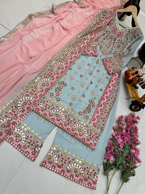 Pakistani Actress Salwar Kameez in Sky Georgette With Sequence Embroidery Work