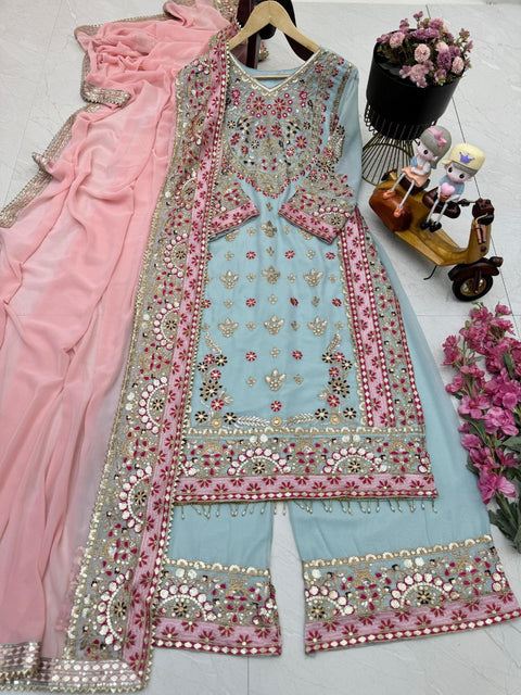 Pakistani Actress Salwar Kameez in Sky Georgette With Sequence Embroidery Work